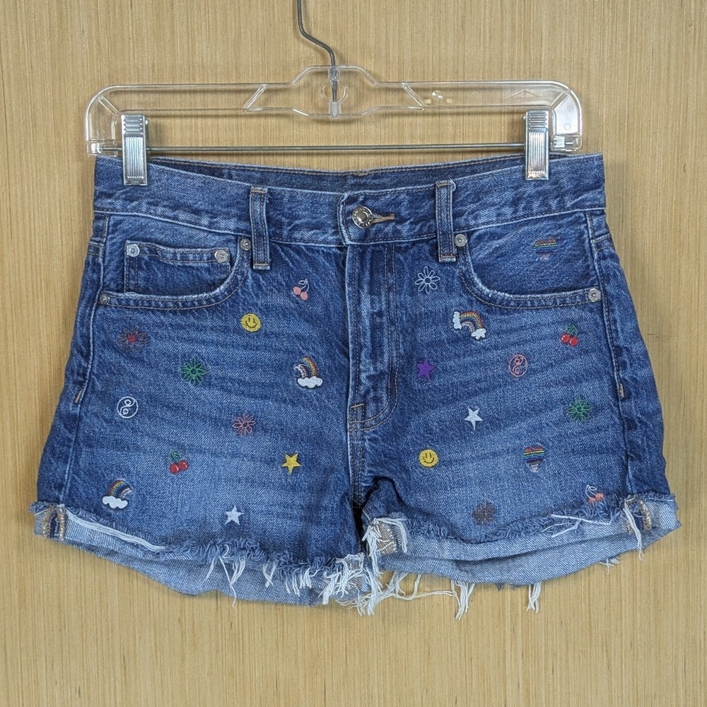 American Eagle 90s Boyfriend Denim Shorts Rainbow Embroidery Kidcore Women's 0